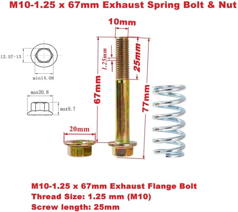 RWRAPS M10-1.25 x 67mm Exhaust Spring Bolt & Nut kit,Class 10.9 Replacement Exhaust Bolt and Spring Hardware Kit (4) - Image 2